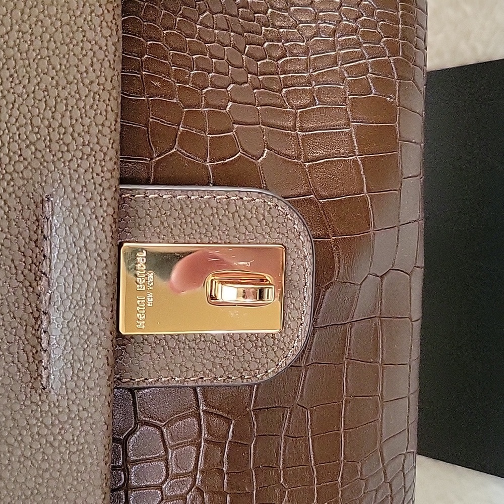 EUC Henri Bendel Olive Brown Croc Embossed & Pebbled Leather Large Satchel Bag - Picture 2 of 6